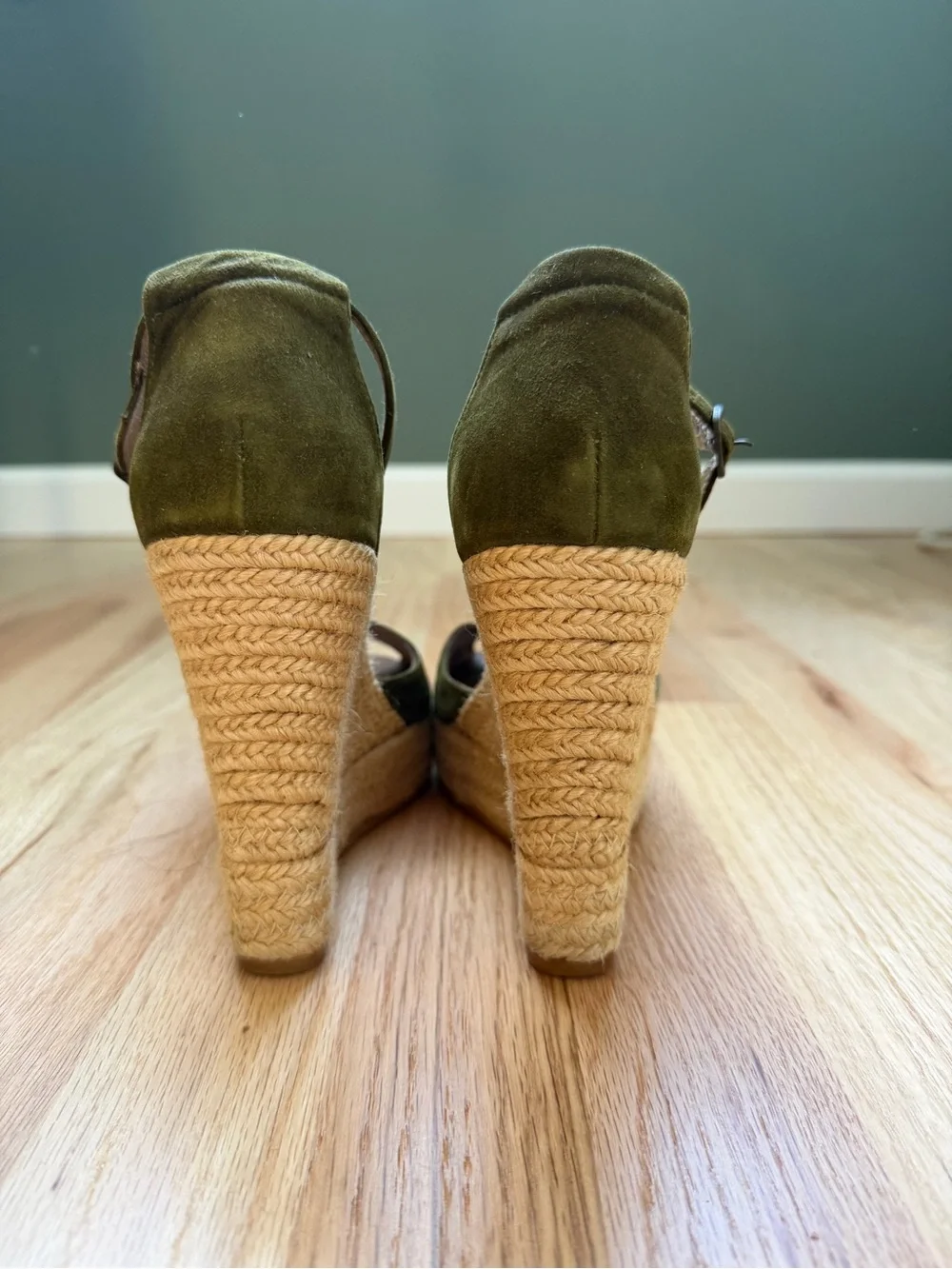 Aldo Olive Green Suede Espadrille Wedge Sandals with Ankle Strap